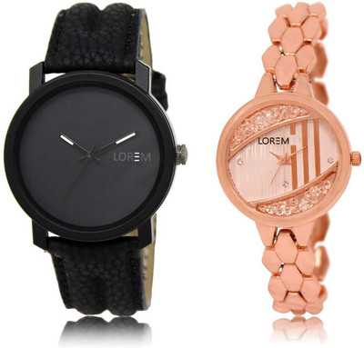 

LOREM SR-21-222 Attractive Rose Gold & Black Round Boy's & Girl's Metal Bracelet & Leather Watch - For Men & Women