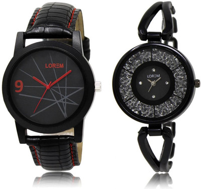 

LOREM WATCH-8-211 COMBO Black Round Boy's & Girl's Metal Bracelet & Leather Watch - For Men & Women
