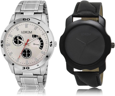 

LOREM watch22-101 COMBO Black & Silver Round Boy's Leather & Metal Bracelet Watch - For Men