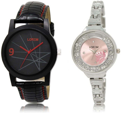 

LOREM OM-8-226 Designer Pink & Black Round Boy's & Girl's Metal Bracelet & Leather Watch - For Men & Women