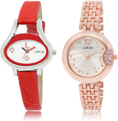 

LOREM watch206-228 Designer Silver & White Round & Oval Girl's Metal Bracelet & Leather Watch - For Women