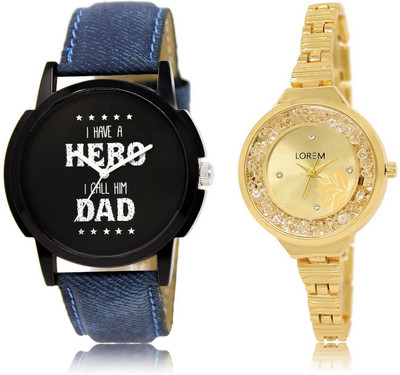 

LOREM -7-224 COMBO Gold & Black Round Boy's & Girl's Metal Bracelet & Leather Watch - For Men & Women