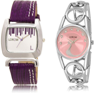 

LOREM FZ-207-233 COMBO Pink & White Round & Square Girl's Metal Bracelet & Leather Watch - For Women