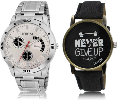

LOREM Watch-27-101 Designer Black & Silver Round Boy's Leather & Metal Bracelet Watch - For Men
