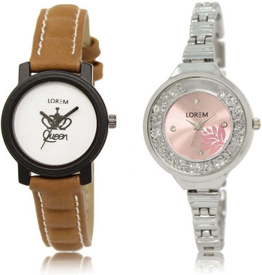 

LOREM OM-209-226 Designer Pink & White Round Girl's Metal Bracelet & Leather Watch - For Women