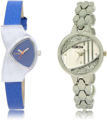 

LOREM OM-208-223 Designer Silver & Blue Round & Triangle Girl's Metal Bracelet & Leather Watch - For Women