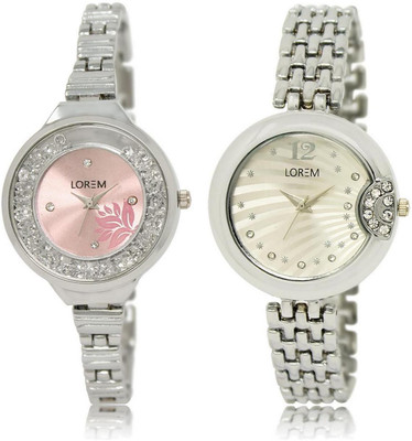 

LOREM FZ-226-227 COMBO Silver & Pink Round Girl's Metal Bracelet Watch - For Women