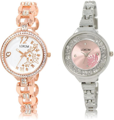 

LOREM FZ-210-226 COMBO Pink & White Round Girl's Metal Bracelet Watch - For Women