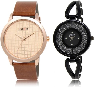 

LOREM watch34-211 COMBO Black & Rose Gold Round Boy's & Girl's Metal Bracelet & Leather Watch - For Men & Women