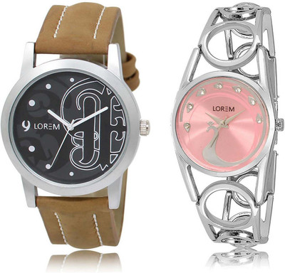 

LOREM watch-14-233 Designer Pink & Black Round Boy's & Girl's Metal Bracelet & Leather Watch - For Men & Women