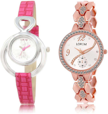 

LOREM SR-205-215 Attractive White Round Girl's Metal Bracelet & Leather Watch - For Women