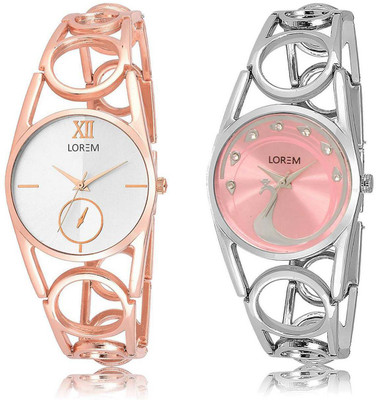 

LOREM SR-213-233 Attractive Pink & Silver Round Girl's Metal Bracelet Watch - For Women