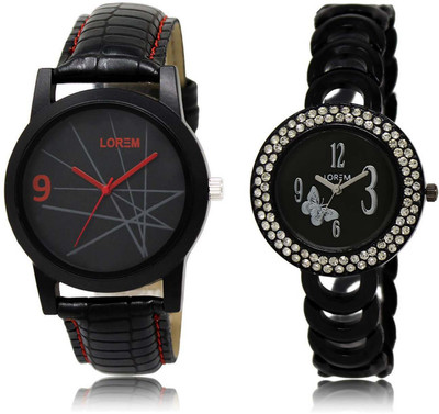 

LOREM SR-8-201 Attractive Blue & Black Round Boy's & Girl's Metal Bracelet & Leather Watch - For Men & Women