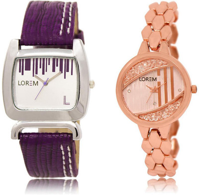 

LOREM FZ-207-222 COMBO Rose Gold & White Round & Square Girl's Metal Bracelet & Leather Watch - For Women
