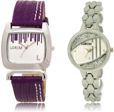 

LOREM Watch-207-223 Designer Silver & White Round & Square Girl's Metal Bracelet & Leather Watch - For Women