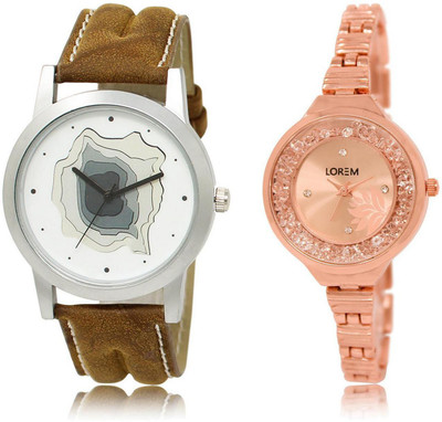 

LOREM 9-225 COMBO Rose Gold & White Round Boy's & Girl's Metal Bracelet & Leather Watch - For Men & Women