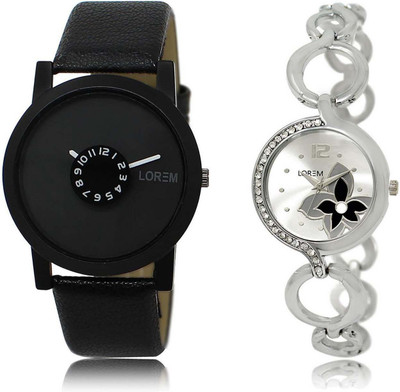 

LOREM OM-25-231 Designer Silver & Black Round Boy's & Girl's Metal Bracelet & Leather Watch - For Men & Women