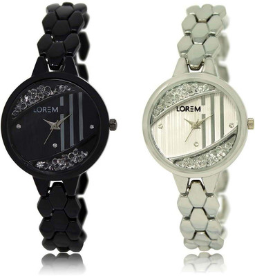 

LOREM SR-221-223 Attractive Silver & Black Round Girl's Metal Bracelet Watch - For Women