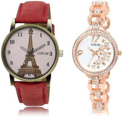 

LOREM SR-210-230 Attractive White & Pink Round Girl's Metal Bracelet & Leather Watch - For Women