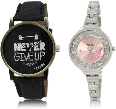 

LOREM Watch-27-226 Attractive Pink & Black Round Boy's & Girl's Metal Bracelet & Leather Watch - For Men & Women