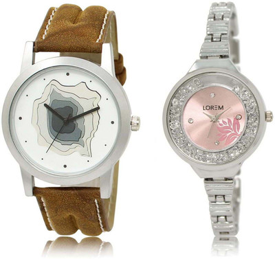 

LOREM watch9-226 Designer Pink & White Round Boy's & Girl's Metal Bracelet & Leather Watch - For Men & Women