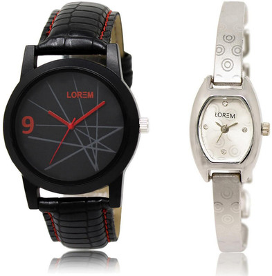 

LOREM 8-219 COMBO Silver & Black Contemporary & Round Boy's & Girl's Metal Bracelet & Leather Watch - For Men & Women