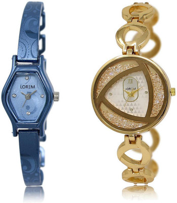 LOREM Watch-218-239 COMBO Silver & Blue Round & Contemporary Girl's Metal Bracelet Watch - For Women