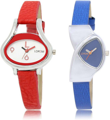 

LOREM Watch-206-208 Designer Blue & White Triangle & Oval Girl's Leather Watch - For Women