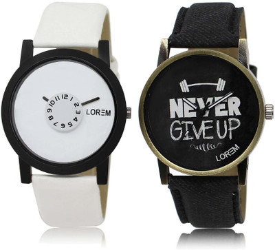 

LOREM OM-26-27 Designer Black & White Round Boy's Leather Watch - For Men