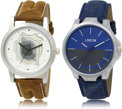 

LOREM WATCH-9-24 Designer Blue & White Round Boy's Leather Watch - For Men