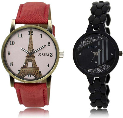 

LOREM OM-221-230 Designer Black & Pink Round Girl's Metal Bracelet & Leather Watch - For Women