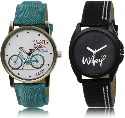 LOREM SR-229-234 Attractive Black & White Round Girl's Leather Watch - For Women
