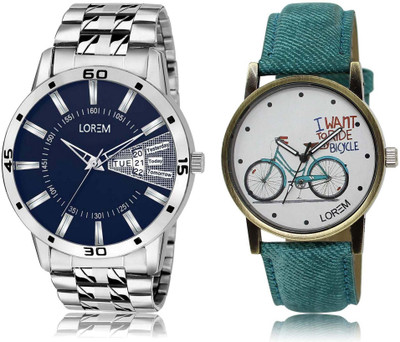 

LOREM SR-102-229 Attractive White & Blue Round Boy's & Girl's Leather & Metal Bracelet Watch - For Men & Women