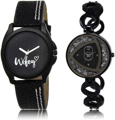 

LOREM SR-234-237 Attractive Silver & Black Round Girl's Metal Bracelet & Leather Watch - For Women