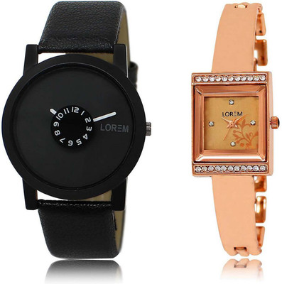 

LOREM OM-25-220 Designer Rose Gold & Black Square & Round Boy's & Girl's Metal Bracelet & Leather Watch - For Men & Women