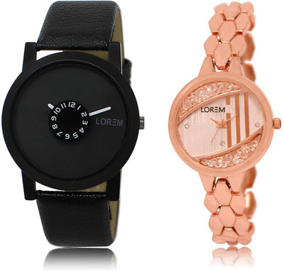 

LOREM FZ-25-222 COMBO Rose Gold & Black Round Boy's & Girl's Metal Bracelet & Leather Watch - For Men & Women