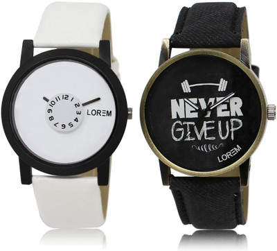 LOREM SR-26-27 Attractive Black & White Round Boy's Leather Watch - For Men