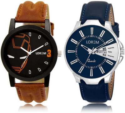 LOREM OM-4-23 Designer Silver & Black Round Boy's Leather Watch - For Men