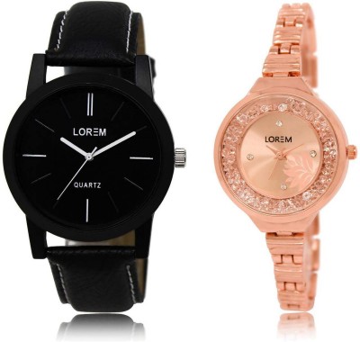 

LOREM SR-5-225 Attractive Rose Gold & Black Round Boy's & Girl's Metal Bracelet & Leather Watch - For Men & Women