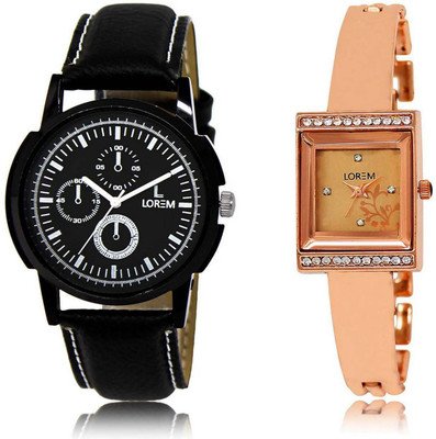 

LOREM OM-13-220 Designer Rose Gold & Black Square & Round Boy's & Girl's Metal Bracelet & Leather Hybrid Watch - For Men & Women