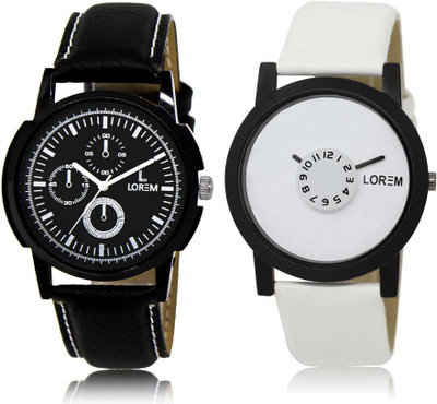 LOREM White & Black Round Boy's Leather Analog Watch  - For Men