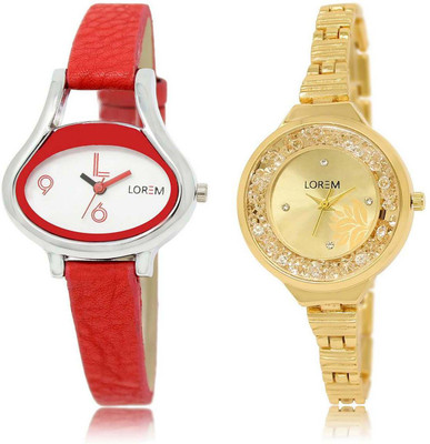 

LOREM Watch-206-224 Designer Gold & White Round & Oval Girl's Metal Bracelet & Leather Watch - For Women
