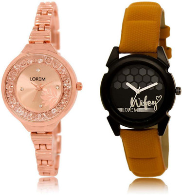 

LOREM SR-225-235 Attractive Black & Rose Gold Round Girl's Leather & Metal Bracelet Watch - For Men & Women