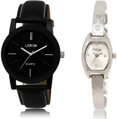 

LOREM 5-219 COMBO Silver & Black Contemporary & Round Boy's & Girl's Metal Bracelet & Leather Watch - For Men & Women