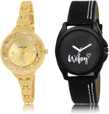 

LOREM FZ-224-234 COMBO Black & Gold Round Girl's Leather & Metal Bracelet Watch - For Women