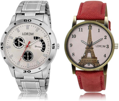 

LOREM SR-101-230 Attractive White & Silver Round Boy's & Girl's Leather & Metal Bracelet Watch - For Men