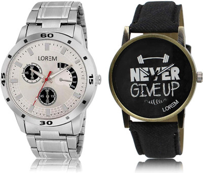 

LOREM SR-27-101 Attractive Black & Silver Round Boy's Leather & Metal Bracelet Watch - For Men