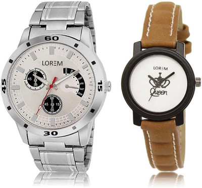

LOREM SR-101-209 Attractive White & Silver Round Boy's & Girl's Leather & Metal Bracelet Watch - For Men & Women