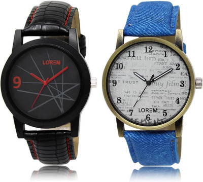 LOREM 8-28 COMBO White & Black Round Boy's Leather Watch - For Men