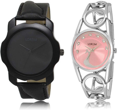 

LOREM SR-22-233 Attractive Pink & Black Round Boy's & Girl's Metal Bracelet & Leather Watch - For Men & Women